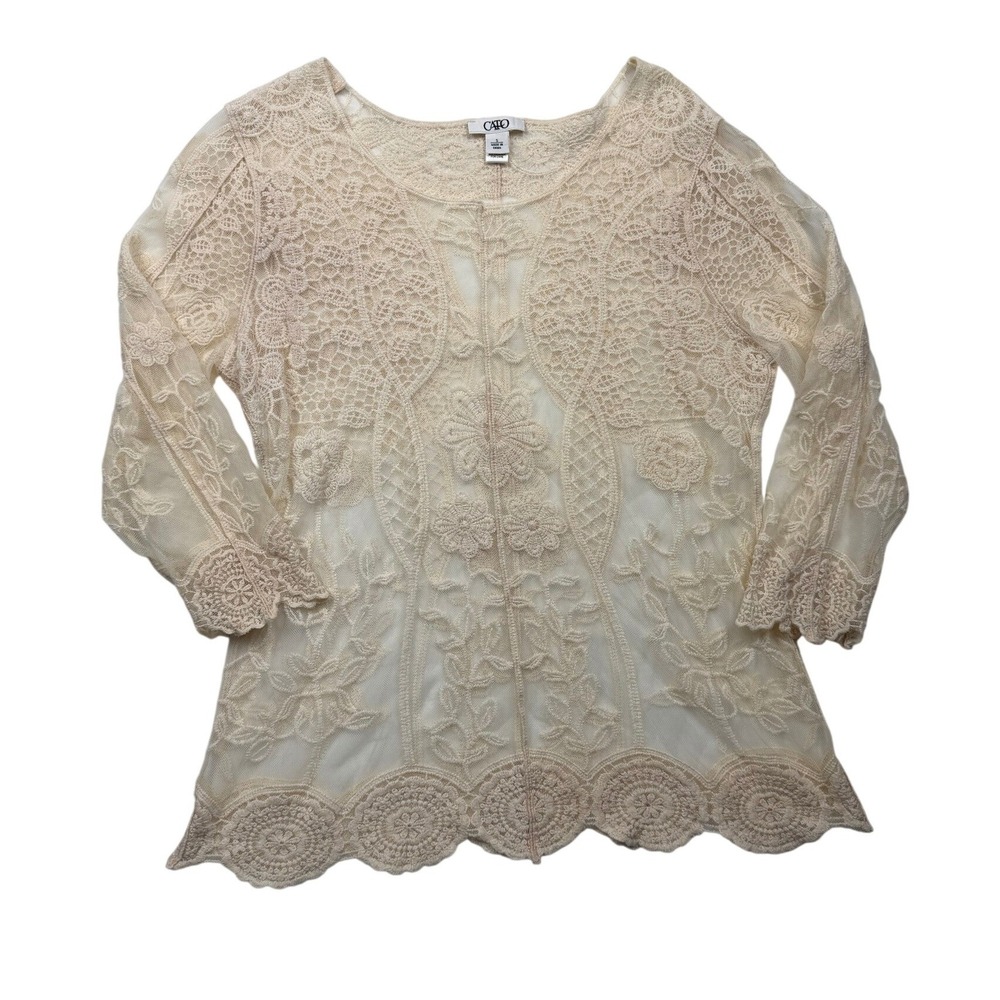 Cato Ivory Crochet Lace Floral Embroidered Boho Blouse Top Size Small